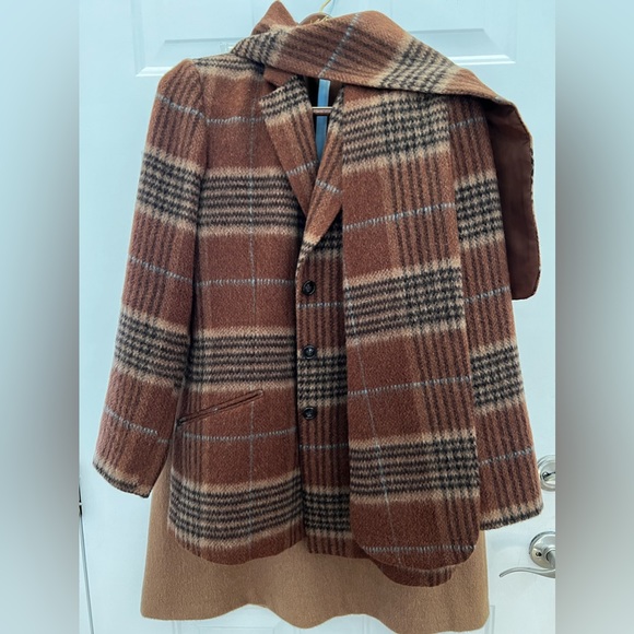 Harve Bernad  size 10 plaid camel tan color jacket with scarf - Picture 1 of 4
